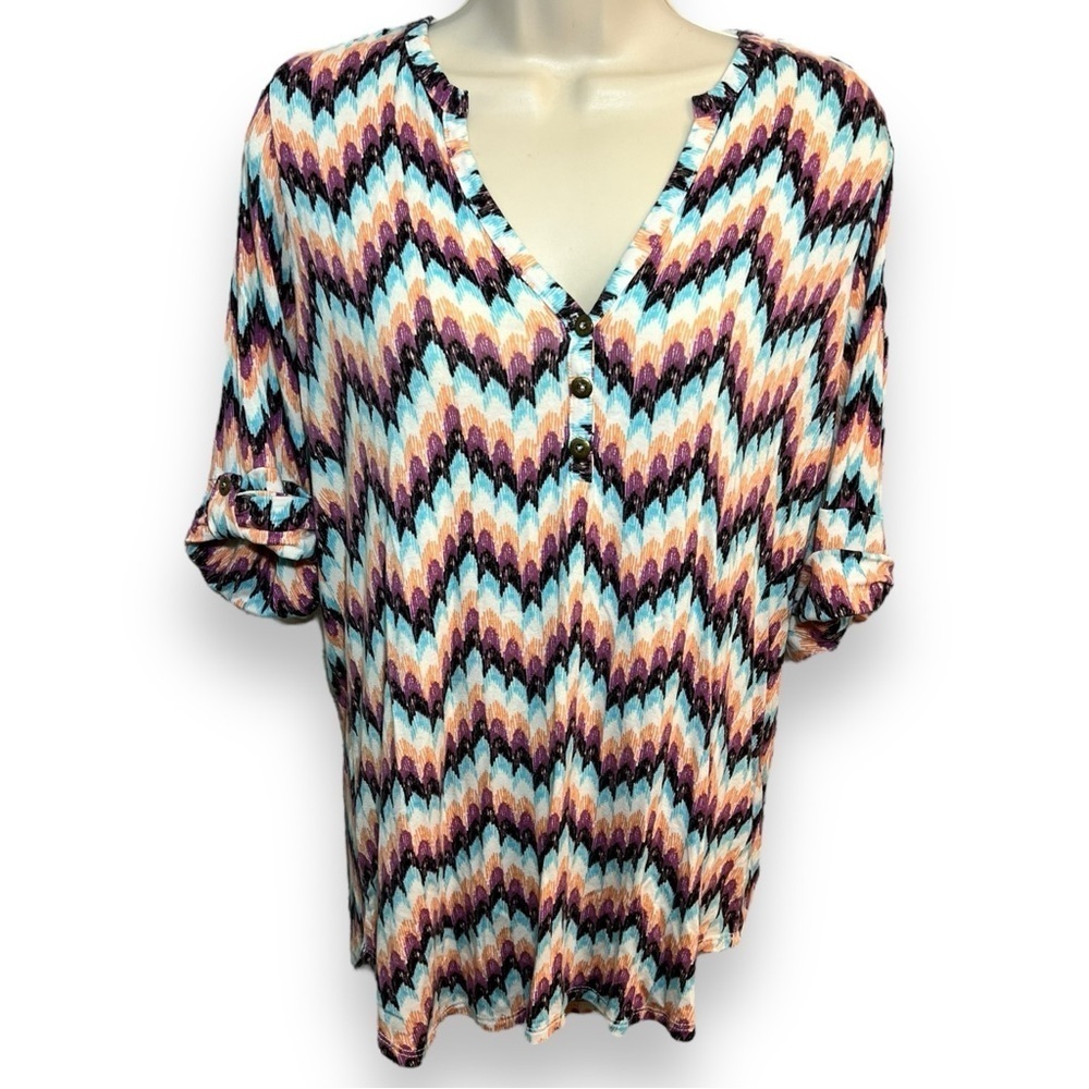 Pixley Women’s Edmond Henley Knit Top Green Chevron Size Large